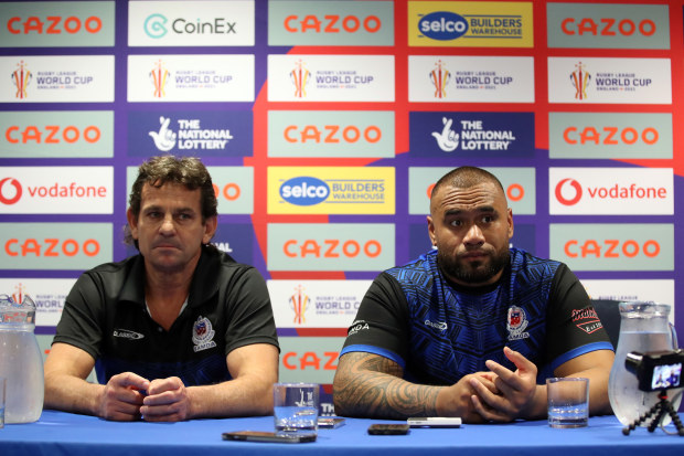 Matt Parish and Junior Paulo answer questions from the media following their Rugby League World Cup pool match.