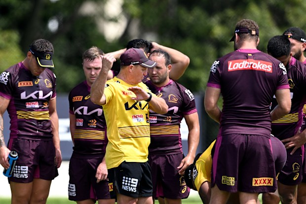 Coach Kevin Walters talks to his players during a Brisbane Broncos NRL training session at Clive Berghofer Centre.