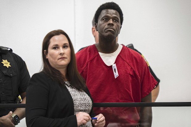 Wesley Brownlee stands with public defender Allison Nobert during his arraignment in San Joaquin County Superior Court on Tuesday, Oct. 18, 2022. 