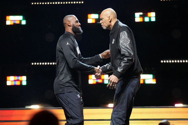 SALT LAKE CITY, UT - FEBRUARY 19: LeBron James #6 of the Los Angeles Lakers shakes hands with Kareem Abdul-Jabbar during the NBA All-Star Game as part of 2023 NBA All Star Weekend on Sunday, February 19, 2023 at Vivint Arena in Salt Lake City, Utah. NOTE TO USER: User expressly acknowledges and agrees that, by downloading and/or using this Photograph, user is consenting to the terms and conditions of the Getty Images License Agreement. Mandatory Copyright Notice: Copyright 2023 NBAE (Photo by Je