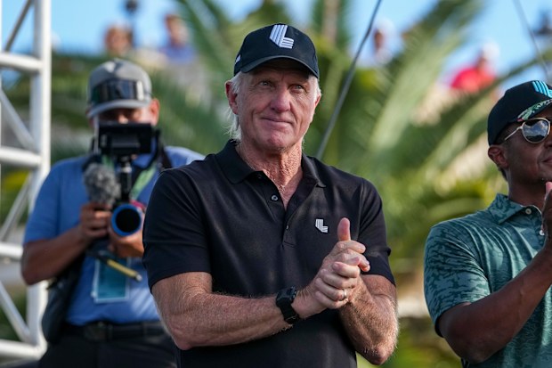 Greg Norman, CEO and commissioner of LIV Golf, being introduced to the crowd during the team championship stroke-play round of the LIV Golf Invitational.