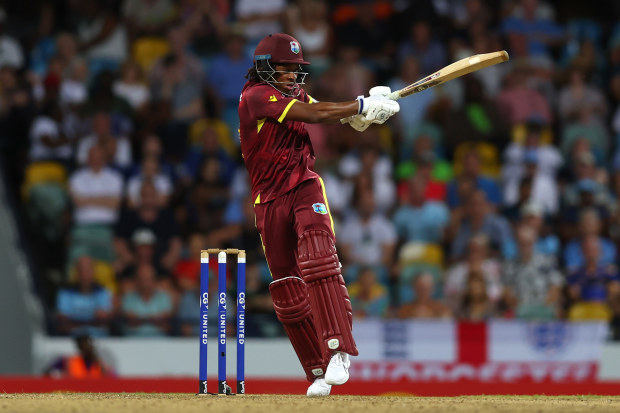 Keacy Carty of West Indies hits four runs.