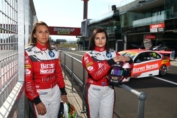 Simona De Silvestro (left) and Renee Gracie with their Ford Falcon they raced in the 2015 Bathurst 1000.