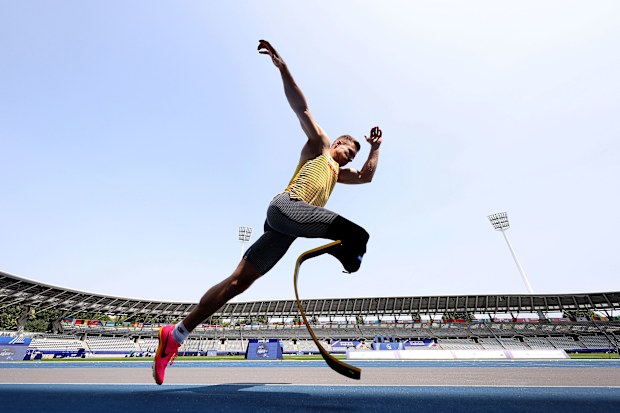 Markus Rehm of Germany jumps during a filming session at Stade Charlety in 2023 in Paris.