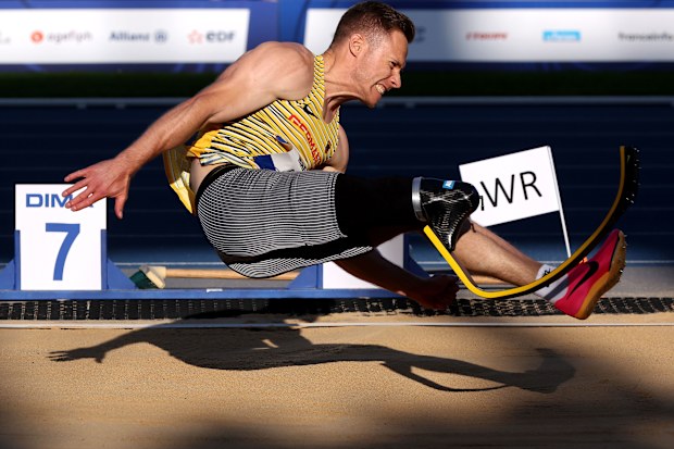 Markus Rehm of Germany competes at Stade Charlety in Paris.
