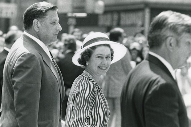 Queen Elizabeth visits Philadelphia during Bicentennial celebrations accompanied by Mayor Frank Rizzo circa 1976 in Philadelphia, Pennsylvania.
