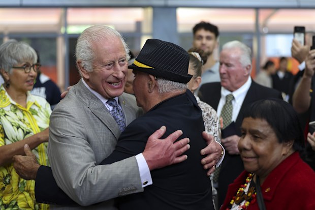 King Charles embraces an Indigenous community member during a visit to the National Centre for Indigenous Excellence in Sydney, Australia, October 22, 2024. 