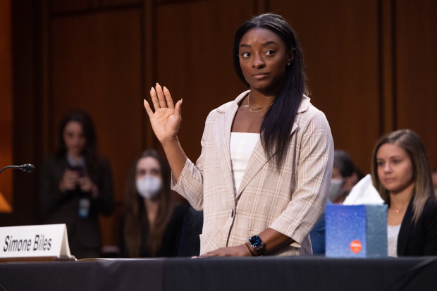 US Olympic gymnast Simone Biles is sworn in to testify during a Senate Judiciary hearing about the Inspector General's report on the FBI handling of the Larry Nassar investigation of sexual abuse.