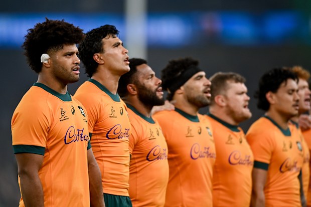 Rob Valetini and Australia team-mates during the the playing of the Australian national anthem Advance Australia Fair before the Quilter Nations Series 2025 match between Ireland and Australia at the Aviva Stadium in Dublin. (Photo By David Fitzgerald/Sportsfile via Getty Images)