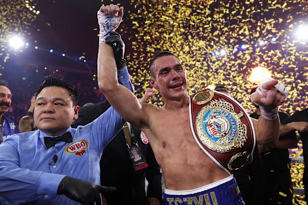 Tim Tszyu celebrates victory over Tony Harrison in March.