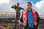 Former St Kilda Saints player and Western Australian-born Noongar man Nicky Winmar poses for a photograph in front of his statue at Optus Stadium in Perth, Saturday, July 6, 2019. 