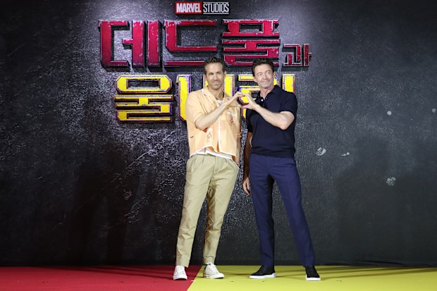 Ryan Reynolds and Hugh Jackman attend a press conference for "Deadpool & Wolverine" on July 04, 2024 in Seoul, South Korea. 