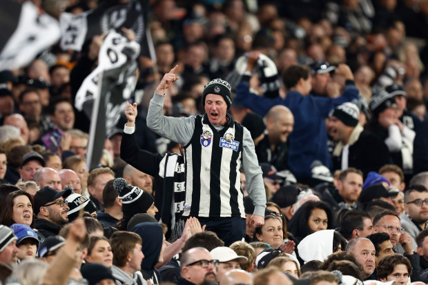 MELBOURNE, AUSTRALIA - SEPTEMBER 22: A Magpies fan cheers during the 2023 AFL First Preliminary Final match between the Collingwood Magpies and the GWS GIANTS at Melbourne Cricket Ground on September 