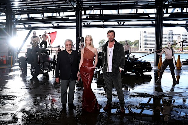 (L-R) George Miller, Anya Taylor-Joy and Chris Hemsworth attend the media call for "Furiosa: A Mad Max Saga" at the Overseas Passenger Terminal, Circular Quay on May 01, 2024 in Sydney 