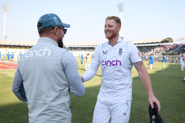England captain Ben Stokes celebrates with coach Brendon McCullum after winning the second Test at Multan. (Photo by Matthew Lewis/Getty Images)