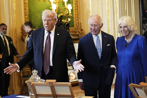 US President Donald Trump with King Charles III, and Queen Camilla