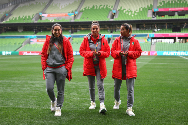 MELBOURNE, AUSTRALIA - JULY 23: Sakina Ouzraoui, Hanane Ait El Haj and Ghizlane Chebbak of Morocco during the familiarisation at Melbourne Rectangular Stadium on July 23, 2023 in Melbourne, Australia. (Photo by Alex Pantling - FIFA/FIFA via Getty Images)