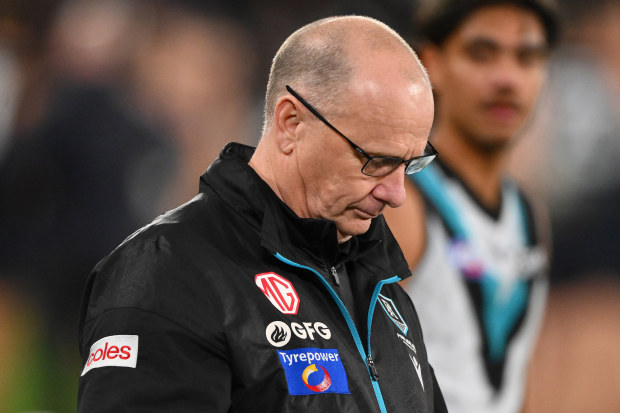 MELBOURNE, AUSTRALIA - JULY 15: Ken Hinkley, Senior Coach of the Power looks on during three quarter time during the 2023 AFL Round 18 match between the Carlton Blues and the Port Adelaide Power at Marvel Stadium on July 15, 2023 in Melbourne, Australia. (Photo by Morgan Hancock/AFL Photos via Getty Images)