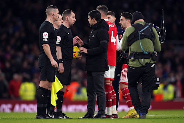 Arsenal manager Mikel Arteta with the officials after the Premier League match at the Emirates Stadium, London. Picture date: Saturday February 11, 2023. (Photo by John Walton/PA Images via Getty Images)