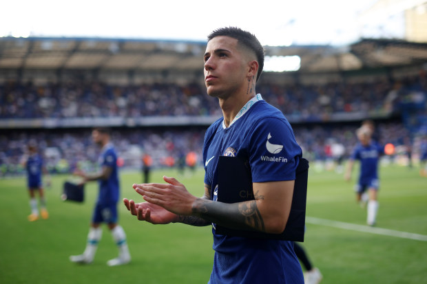 LONDON, ENGLAND - MAY 28: Enzo Fernandez of Chelsea acknowledges the fans after the draw during the Premier League match between Chelsea FC and Newcastle United at Stamford Bridge on May 28, 2023 in London, England. (Photo by Chris Lee - Chelsea FC/Chelsea FC via Getty Images)