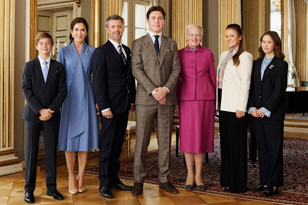 An official portrait released to celebrate Prince Christian of Denmark's 18th birthday with (L-R) Prince Vincent, Crown Princess Mary, Crown Prince Frederik, Queen Margrethe II, Princess Isabella and Princess Josephine, on Sunday October 15 2023, in Copenhagen, Denmark.