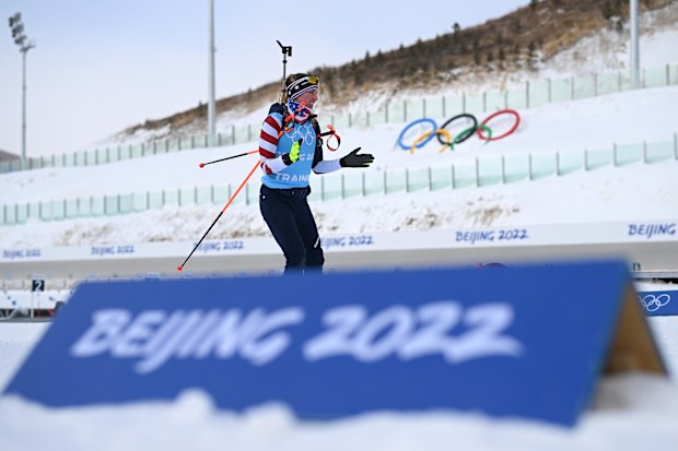 Athlete of Team United States skis during the Biathlon Training Session at National Biathlon Centre ahead of Beijing 2022 Winter Olympic Games.