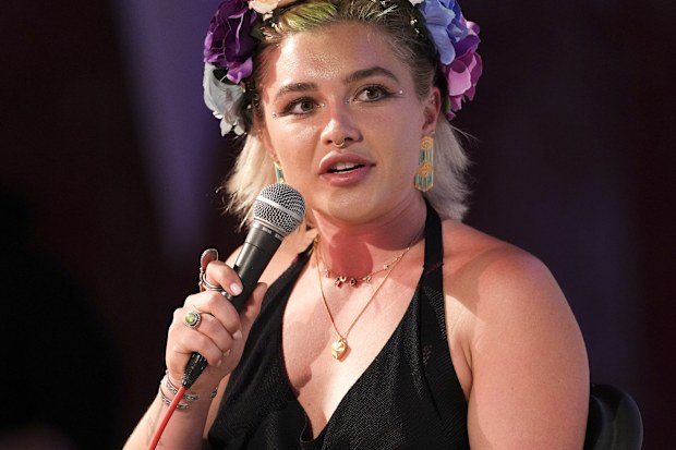 Florence Pugh introduces 'Dune: Part Two' at the Pilton Palais Cinema during the Glastonbury Festival in Worthy Farm, Somerset, England, Friday, June 28, 2024. (Scott A Garfitt/Invision/AP)