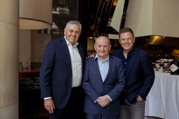 Ray Hadley with Johnny Tapp and Ben Fordham at his 150th survey win celebratory lunch at glass brasserie at the Hilton Hotel in Sydney on August 10, 2023. Photo: Dominic Lorrimer