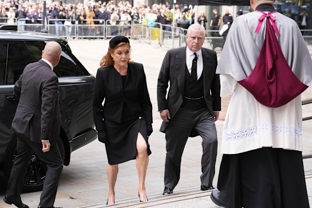 LONDON, ENGLAND - SEPTEMBER 16: Sarah, Duchess of York and Prince Andrew, Duke of York arrive for the Requiem Mass service for Katharine, Duchess of Kent at Westminster Cathedral on September 16, 2025 in London, England. Katharine, Duchess of Kent was married to Prince Edward, Duke of Kent, the first cousin of Queen Elizabeth II. She died on September 4 at the age of 92 at Kensington Palace surrounded by her family. Having converted to Catholicism in 1994, her funeral takes place at Westminster 