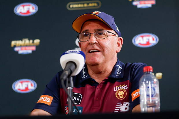 MELBOURNE, AUSTRALIA - SEPTEMBER 29: Chris Fagan, Senior Coach of the Lions speaks to the media during the 2023 AFL Grand Final Parade on September 29, 2023 in Melbourne, Australia. (Photo by Dylan Burns/AFL Photos via Getty Images)