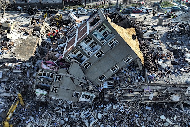 Aerial photo shows the destruction in Kahramanmaras, southern Turkey, Wednesday, Feb. 8, 2023.