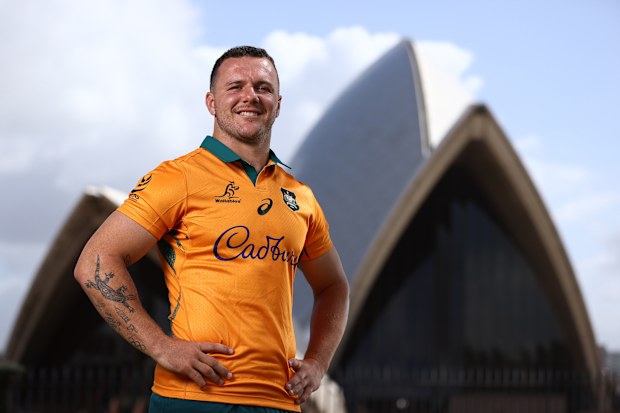 Dylan Pietsch poses during the Wallabies jersey launch for the 2025 British & Irish Lions Tour.