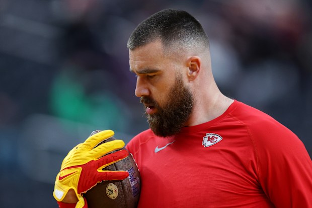 LAS VEGAS, NEVADA - FEBRUARY 11: Travis Kelce #87 of the Kansas City Chiefs warms-up before Super Bowl LVIII at Allegiant Stadium on February 11, 2024 in Las Vegas, Nevada. (Photo by Jamie Squire/Getty Images)
