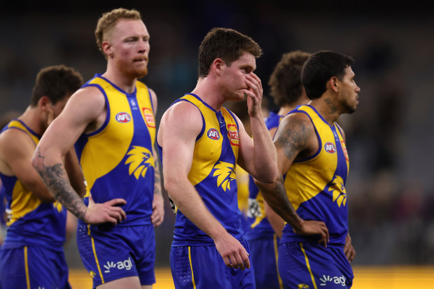 PERTH, AUSTRALIA - AUGUST 12: Luke Foley of the Eagles looks on after being defeated during the round 22 AFL match between West Coast Eagles and Fremantle Dockers at Optus Stadium, on August 12, 2023, in Perth, Australia. (Photo by Paul Kane/Getty Images)