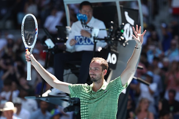 MELBOURNE, AUSTRALIA - JANUARY 21: Daniil Medvedev acknowledges fans after his victory against Quentin Halys of France in the Men's Singles Second Round during day four of the 2026 Australian Open at Melbourne Park on January 21, 2026 in Melbourne, Australia. (Photo by Morgan Hancock/Getty Images)