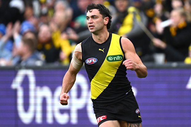 MELBOURNE, AUSTRALIA - MAY 06: Tim Taranto of the Tigers celebrates kicking a goal during the round eight AFL match between Richmond Tigers and West Coast Eagles at Melbourne Cricket Ground, on May 06, 2023, in Melbourne, Australia. (Photo by Quinn Rooney/Getty Images)