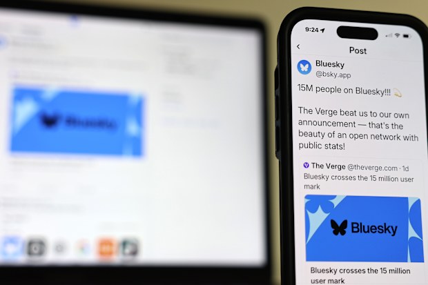PASADENA, CALIFORNIA - NOVEMBER 14: In this photo illustration, the Bluesky app is displayed on a cell phone and computer monitor on November 14, 2024 in Pasadena, California. The social media app Bluesky has seen its user base increase by 1.25 million since the U.S. Presidential elections as some people leave rival X, which is owned by Elon Musk. (Photo Illustration by Mario Tama/Getty Images)