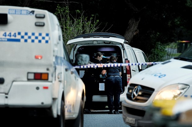NSW police forensic officers at a crime scene on Wildthorn Avenue in Dural investigating the kidnapping of Chris Baghsarian. Dural, NSW. February 20, 2026.