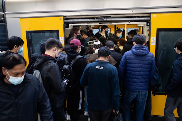 Crowds gather at Central Station in Sydney, as trains run on a reduced timetable as part of train drivers industrial action. 1st July 2022.
