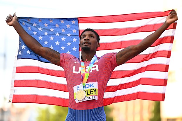 EUGENE, OREGON - JULY 16: Fred Kerley of Team United States celebrates after winning gold in the Mens 100m Final on day two of the World Athletics Championships Oregon22 at Hayward Field on July 16, 2022 in Eugene, Oregon. (Photo by Hannah Peters/Getty Images for World Athletics)