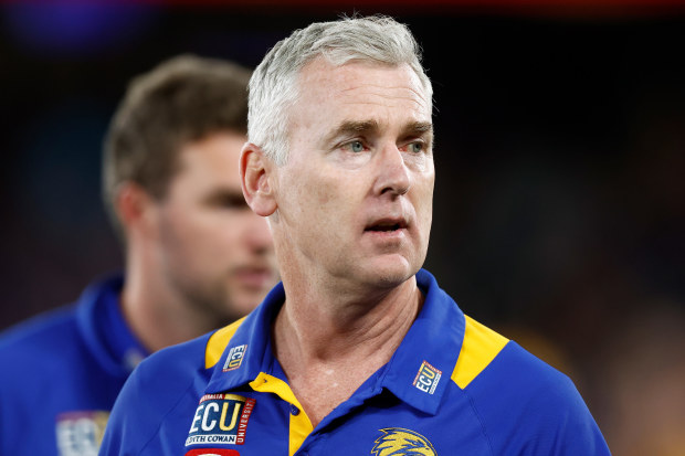 Adam Simpson, Senior Coach of the Eagles looks on during the 2023 AFL Round 23 match between the Western Bulldogs and the West Coast Eagles at Marvel Stadium on August 20, 2023 in Melbourne, Australia. (Photo by Michael Willson/AFL Photos via Getty Images)