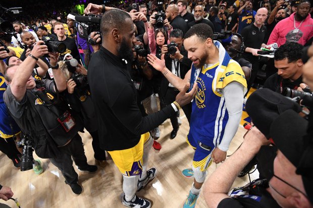 LOS ANGELES, CA - MAY 12: LeBron James #6 of the Los Angeles Lakers and Stephen Curry #30 of the Golden State Warriors after Game Six of the Western Conference Semi-Finals of the 2023 NBA Playoffs on May 12, 2023 at Crypto.com Arena in Los Angeles, California. NOTE TO USER: User expressly acknowledges and agrees that, by downloading and/or using this Photograph, user is consenting to the terms and conditions of the Getty Images License Agreement. Mandatory Copyright Notice: Copyright 2023 NBAE (