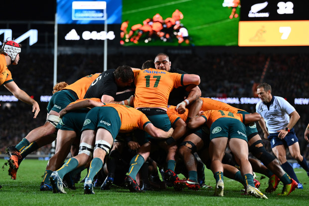 Players compete in a maul during a Bledisloe Cup match.