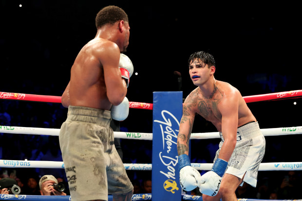 Ryan Garcia taunts Devin Haney at the Barclays Centre.