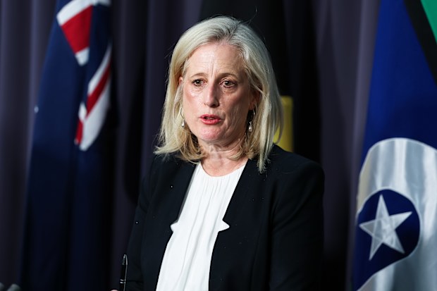 Minister for Finance, Minister for the Public Service, Minister for Women and Minister for Government Services Katy Gallagher during a press conference at Parliament House in Canberra on Friday 8 May 2026. fedpol Photo: Alex Ellinghausen