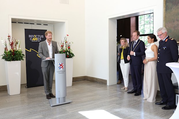 Prince Harry, Duke of Sussex makes a speech at town hall during the Invictus Games Dusseldorf 2023 - One Year To Go events, on September 06, 2022 in Dusseldorf, Germany.