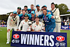 CHRISTCHURCH, NEW ZEALAND - MARCH 11: Captain Pat Cummins of Australia (C) and his team mates pose with the trophy after their series win during day four of the Second Test in the series between New Zealand and Australia at Hagley Oval on March 11, 2024 in Christchurch, New Zealand. (Photo by Kai Schwoerer/Getty Images)