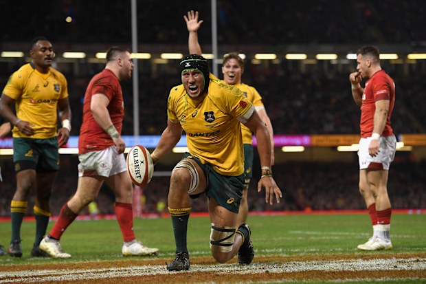 Wallabies lock Adam Coleman celebrates in Cardiff in 2017.