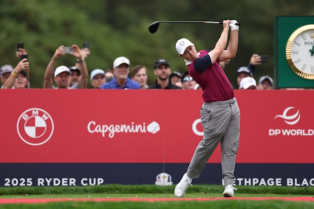 Matt Fitzpatrick of Team Europe tees off during a practice round prior to the Ryder Cup.