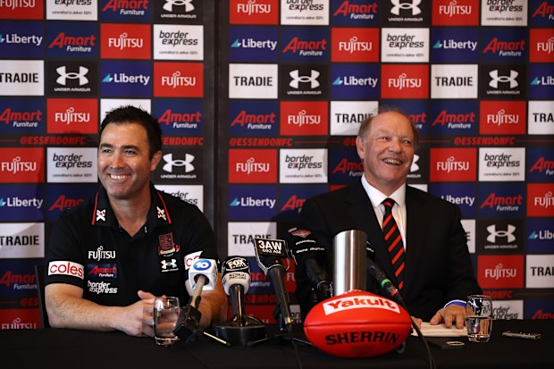 Newly appointed Bombers coach Brad Scott and club president David Barham address the media.